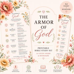 May include: A printable Bible study set featuring The Armor of God theme with floral accents. The set includes an A4 insert and a bookmark, both decorated with pink and yellow flowers, hearts, and text detailing spiritual armor components.