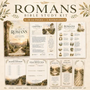 May include: A Romans Bible study kit featuring 20 A4 pages and 3 bookmarks. The set includes a cover, chapter studies, a reading checklist, memory verses, and a final reflection page, all decorated with illustrations of ancient stone ruins.