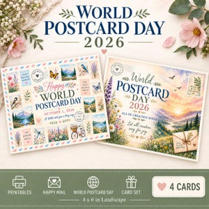 Peut inclure: Deux cartes postales rectangulaires pour la Journée mondiale de la carte postale 2026. La carte de gauche présente un collage de petits timbres sur le thème de la nature et le texte Happy World Postcard Day October 1, 2026. La droite montre un paysage.