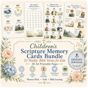 Può includere: Un set di schede per la memorizzazione delle Scritture per bambini con 52 versetti biblici settimanali su 20 pagine stampabili A4. Il kit include schede di sfida, un registro di avanzamento e istruzioni per la memorizzazione, decorato con illustrazioni floreali ad acquerello.