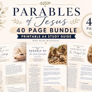 May include: A 40-page printable A4 Bible study guide bundle titled Parables of Jesus. The document features worksheets with headings like Parable of the Lamp, The Good Samaritan, and The Prodigal Son, including scripture, explanations, and applications.