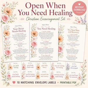 May include: A printable set of Christian encouragement cards titled Open When You Need Healing, featuring floral illustrations in pink and orange. The set includes three large cards with text and ten smaller envelope labels with phrases.