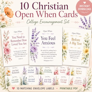 May include: A set of 10 Christian Open When cards for college encouragement, featuring floral illustrations and Bible verses. The cards include text such as You Need to Remember How Loved You Are, You Feel Anxious, and Before A Big Test.