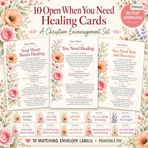 May include: A set of 10 Open When You Need Healing Cards featuring Christian encouragement text, floral borders with pink and orange flowers, and matching envelope labels. The cards include titles like Your Heart Needs Healing and You Need Rest.