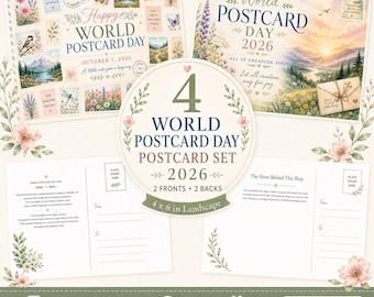 World Postcard Day 2026 Printable Postcard Set, 2 Watercolor Nature Designs + 2 Backs, 4x6 PDF Digital Download, Happy Mail