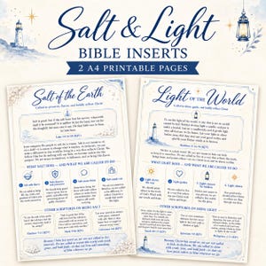 May include: Two A4 printable pages titled Salt & Light Bible Inserts. The pages feature blue text and illustrations of lighthouses and lanterns. The content includes scripture verses, thematic explanations, and numbered lists detailing spiritual concepts.