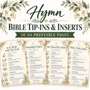 May include: A set of 10 A4 printable pages featuring hymn Bible tip-ins and inserts. Each page displays a specific hymn title, author, theme, scripture connections, reflection, and prayer, decorated with floral illustrations and gold accents.