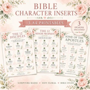 May include: Three A4 printable Bible character inserts featuring floral borders and text. The sheets are titled The 12 Disciples, The 12 Minor Prophets, and Some of the Apostles. Each sheet contains numbered boxes with names and scripture references.