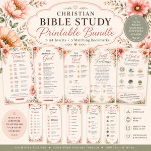 May include: A Christian Bible study printable bundle featuring five A4 inserts and five matching bookmarks. The set includes floral-themed pages with titles like The Armor of God, The Names of God, Faith Over Feelings, and The God of Creation.