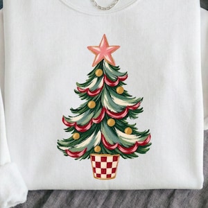 Painted Christmas Tree PNG with Pink Star and Plaid Pot, Retro Holiday Clipart