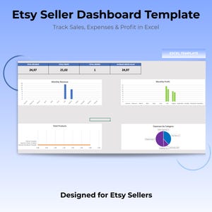 Può includere: Un modello Excel per venditori Etsy che presenta una dashboard con tabelle di dati, grafici a barre per entrate e profitti mensili, un grafico a linee per i prodotti totali e un grafico a torta per le spese suddivise per categoria.