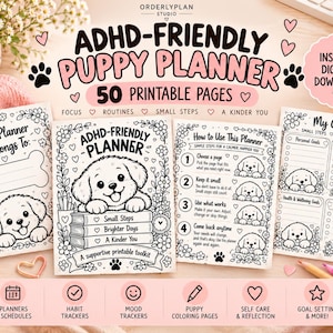 Può includere: Un'agenda digitale per cuccioli adatta all'ADHD con 50 pagine stampabili che presentano illustrazioni in bianco e nero di cuccioli, bordi floreali e motivi a cuore, includendo sezioni per obiettivi, routine e istruzioni.