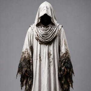 Peut inclure: Une robe à capuche blanc cassé arrivant au sol, dotée d'une encolure drapée et de manches longues et larges. Le vêtement présente des taches sombres, marron et noir, sur l'ourlet, les poignets et les épaules, lui donnant un aspect usé.