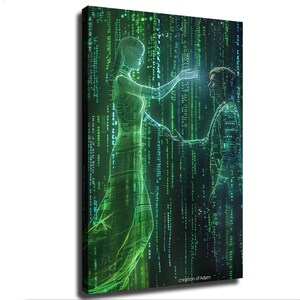 May include: A rectangular canvas wall art print featuring a digital recreation of the Creation of Adam. Two figures are composed of glowing green binary code and data streams against a dark background. The text creation of Adam is visible.