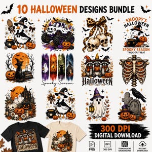 May include: A digital bundle of 10 Halloween designs featuring illustrations of ducks in witch hats, skulls with leopard print bows, Snoopy, raccoons, ghosts, pumpkins, and a rib cage. Includes text like 10 HALLOWEEN DESIGNS BUNDLE, SNOOPY'S HALLOWEEN, and 300 DPI DIGITAL DOWNLOAD.