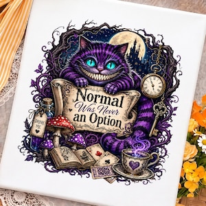 May include: A square canvas print featuring a purple striped cat with a wide grin, holding a scroll that reads Normal Was Never an Option. The illustration includes a pocket watch, a key, a teacup, mushrooms, playing cards, and a book.