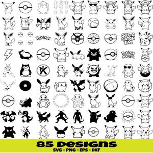 May include: A collection of 85 black and white digital graphic designs featuring various Pokemon characters, including Pikachu, Charmander, and Gengar, alongside Pokeballs, lightning bolts, and text elements like Gotta Catch Em and Pokemon Master.