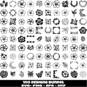 May include: A collection of 100 black and white digital graphic designs featuring hibiscus flowers, tropical leaves, wreaths, and floral borders. The bottom text reads 100 DESIGNS BUNDEL SVG- PNG- EPS- DXF, showcasing various botanical elements.