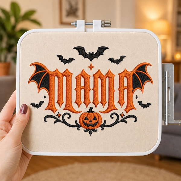 Halloween Mama Embroidery Design, Gothic Bat Wings Pumpkin Machine Embroidery File, Spooky Mom Digital Download