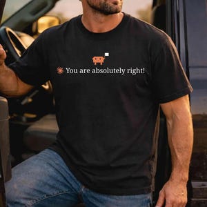 May include: A black short-sleeved t-shirt featuring a small orange pixelated character holding a white flag, a small orange starburst icon, and the white text "You are absolutely right!" printed across the center of the chest area.