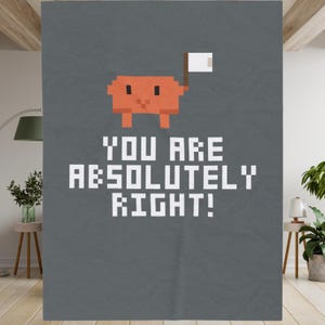 May include: A dark gray blanket featuring a pixelated orange creature holding a small white flag. Below the creature, the text reads "YOU ARE ABSOLUTELY RIGHT!" in a white, blocky, pixel-style font. The design is centered on the fabric surface.
