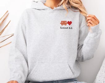 クロードAI刺繍入りパーカー、カスタムクロードピクセルハートスウェットシャツ、アントロピックLLMソフトウェアエンジニアギフト、コーダーテックバレンタインセーター
