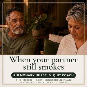 Può includere: Un documento digitale intitolato When your partner still smokes, con il sottotitolo Pulmonary Nurse & Quit Coach e The Mixed-Habit Household Plan. Specifica i formati Fillable PDF, US Letter e A4 su due pagine.