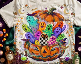 Preppy Stay Spooky PNG, Kleurrijk spook- en pompoenontwerp voor Halloween, Coquette Girly Ghosts, Leuk herfstshirt met sublimatieprint, Trendy Boutique PNG
