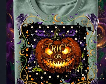 Halloweenpompoen PNG, handgetekend luipaardpompoenontwerp, kleurrijke Jack-o'-lantern afbeelding, boetiek herfstshirt, pompoen met stippen en strepen