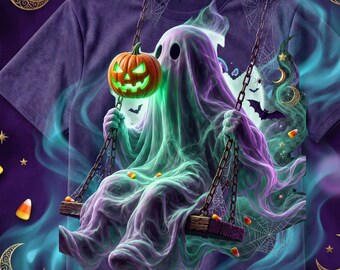 Ghost with Wilted Sunflower Ghost Witch Pumpkin Stripes Finger Paint PNG Fall Shirt Autumn Graphic, Cozy Fall Sweatshirt Trending Fall house
