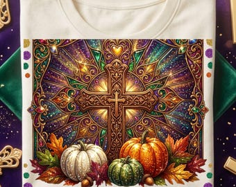 Ik zal Hem prijzen Christelijk Bijbelvers voor de herfst PNG, Bloemenontwerp voor een shirt met Jezus in herfstthema, Inspirerend christelijk pompoenkruis, Herfstgeloof PNG