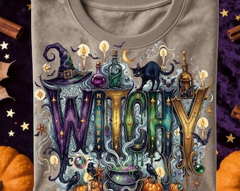 Speelse heksenstijl, sublimatieontwerp, heksenachtige Halloween-sfeer, heksenhoedlaars png, Halloween-shirt met zwarte kat, preppy Halloween-spook