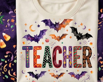 Leraar Halloween PNG, Vleermuis Leraar PNG, Sublimatieontwerpen, Preppy Halloween shirt, Trick or Teach, Grappige griezelige klaslokaal PNG met kleurblokken