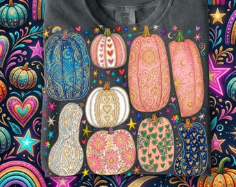 Kleurrijke pompoen PNG, handgetekende herfstpompoencollage sublimatie, schattig shirt met stippen en bloemenpompoen PNG, Halloween herfststerren PNG