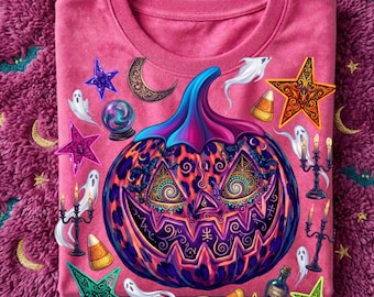 Halloweenpompoen PNG, handgetekend luipaardpompoenontwerp, kleurrijke Jack-o'-lantern afbeelding, boetiek herfstshirt kleurrijke pompoen PNG