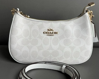 Witte Coach schoudertas | Vintage handtas jaren 90 | Designer-portemonnee met gouden kettingband | Cadeau voor iemand