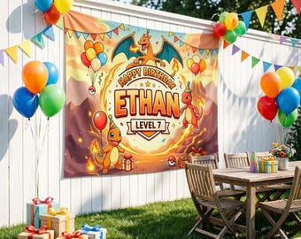 Tapisserie murale personnalisée Famille Dracaufeu, Décoration murale Pokémon Volcan de Feu, Décor coloré pour chambre d'enfant, fond de fête d'anniversaire