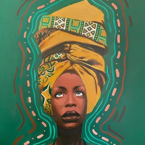 May include: A painting on a green background featuring a person with dark skin looking upward. The person wears a large, mustard-yellow headwrap with a green and white geometric pattern. The artist's signature, LAKIN, is visible in the bottom right.