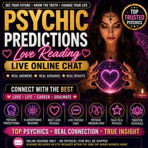 May include: A digital advertisement for psychic predictions and love readings featuring a person holding a glowing crystal ball with a pink heart inside. The text includes Psychic Predictions, Love Reading, Live Online Chat, and Top Trusted Psychics.