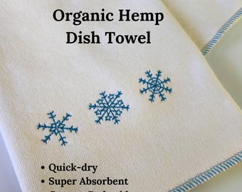 Quick-dry Hemp Dish Towel - Snowflakes - Personalized Embroidery - Organic Hemp Cotton - Super Absorbent - Kitchen Tea Towel - 15x25