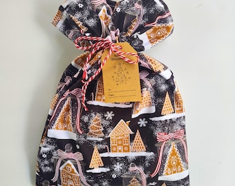 Cotton Fabric Gift Bag with Drawstring - Gingerbread Trees and Houses