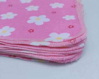 Thin little organic cotton hankies - Daisies on pink - 7x7 inches