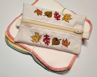 Organic Hemp Hanky Pouch - Autumn Leaves Embroidery