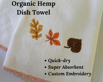 Quick-dry Hemp Dish Towel - Autumn Leaves - Personalized Embroidery - Organic Hemp Cotton - Super Absorbent - Tea Towel - 15x25 inches