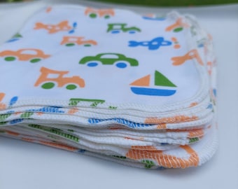 Thin little organic cotton hankies - Trains, Planes, Cars, and Boats - 7x7 inches