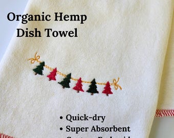 Quick-dry Hemp Dish Towel - Christmas Trees - Personalized Embroidery - Organic Hemp Cotton - Super Absorbent - Kitchen Tea Towel - 15x25