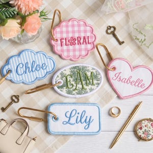 Personalized Embroidered Keychain, Custom Name Bag Charm, Monogram Key Fob, Gingham Floral Seersucker Keychain, Bridesmaid Proposal Gift