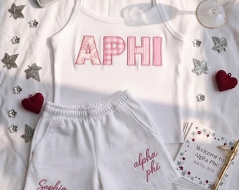Custom Greek Sorority Lounge Set, Personalized APhi Tank Top Shorts, Gingham Patch Sorority Merch, Coquette Big Little Reveal Gift