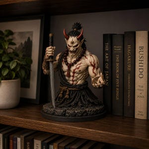 May include: A detailed figurine of a muscular oni demon with pale skin, red horns, and a third eye on its forehead. The figure wears dark robes, a beaded necklace, and holds a katana sword in its right hand, standing on a textured stone base.