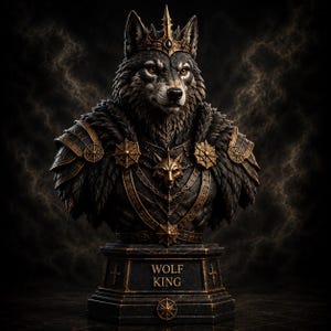 Puede incluir: Un busto detallado de un lobo con corona y una armadura oscura ornamentada con detalles dorados. El lobo tiene pelaje texturizado y ojos color ámbar. La figura está sobre una base de pedestal negra con el texto WOLF KING grabado en oro al frente.
